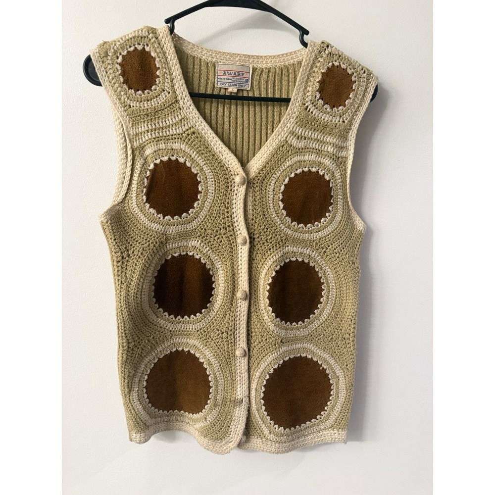 Vintage 70s Women's L Patchwork Suede Leather Knit Sweater Boho Hippie EUC READ